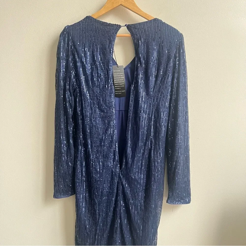 KANCY KOLE Womens Sexy V Neck Sequin Ruched Bodycon Mini Dress Long Sleeve Large